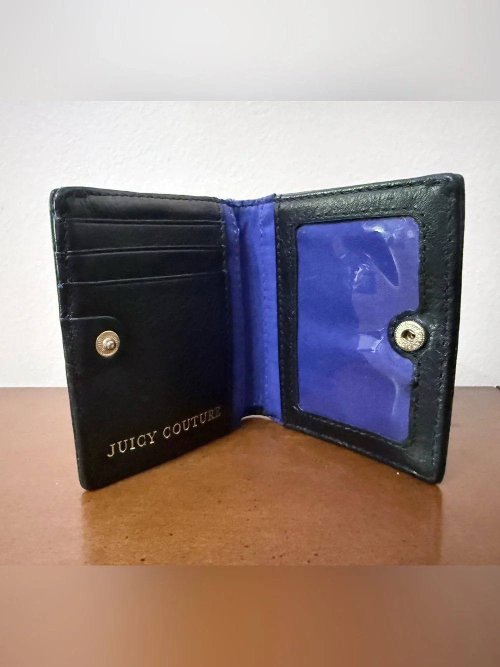 Y2K Juicy Couture Black Leather Gold Studded Logo Charm Bifold Wallet Edgy Punk